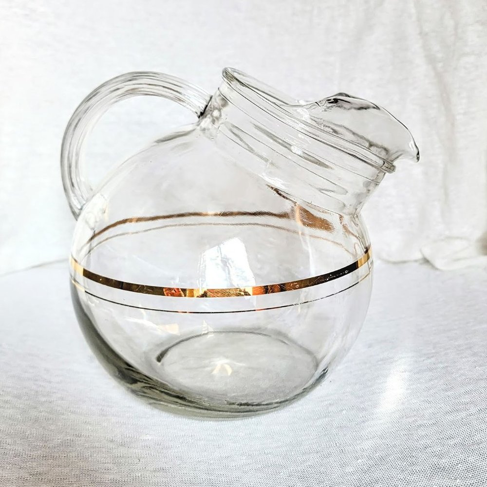 Mid Century Ball Pitcher - Cocktail, tea, lemonade Pitcher W Metallic Gold Band
